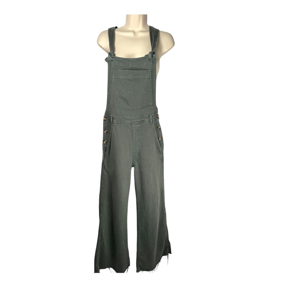 Aerie Skater Overalls Jumpsuit Sz S Olive Green Wide Leg Raw Hem Pockets Fall - Picture 1 of 16